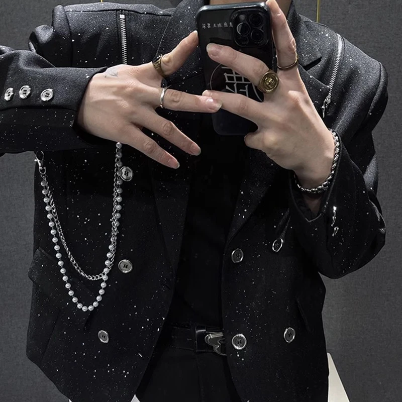 Chain Decorate Jacket Men Blazer Homme Luxury Banquet Jacket Blazer Masculino Shiny Jacket Club Party Blazer Men Stage Suit