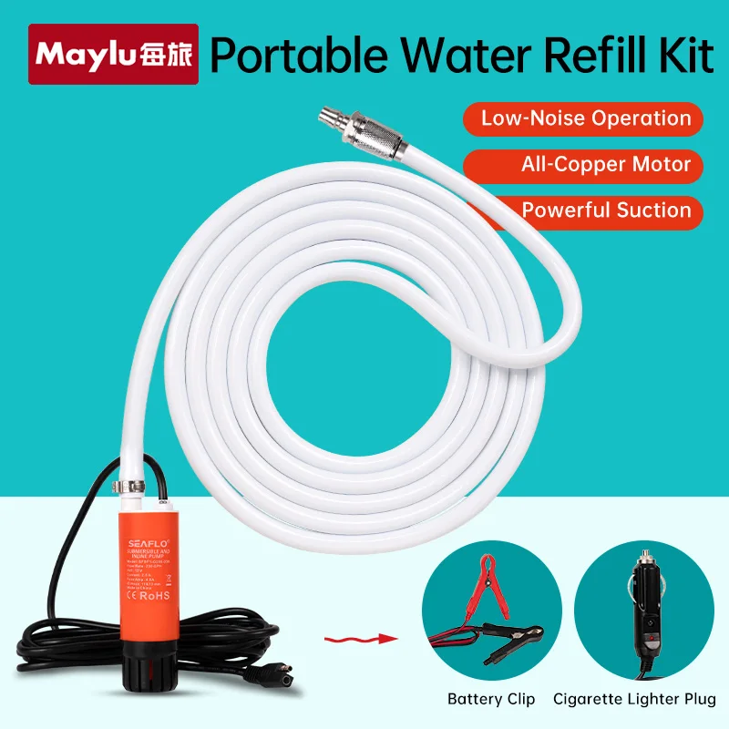 

RV Portable Water Refill Kit 12V Submersible Pump 200GPH 5M Lift for Camper Water Filling Outdoor Shower Cleaning RV