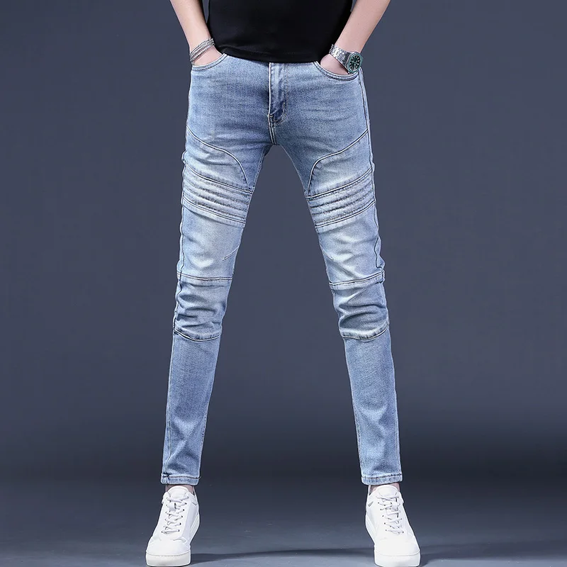 

Blue Biker Men's Jeans Fashion Slim Fit Pants Streetwear Casual Patchwork Denim Trousers CP2203