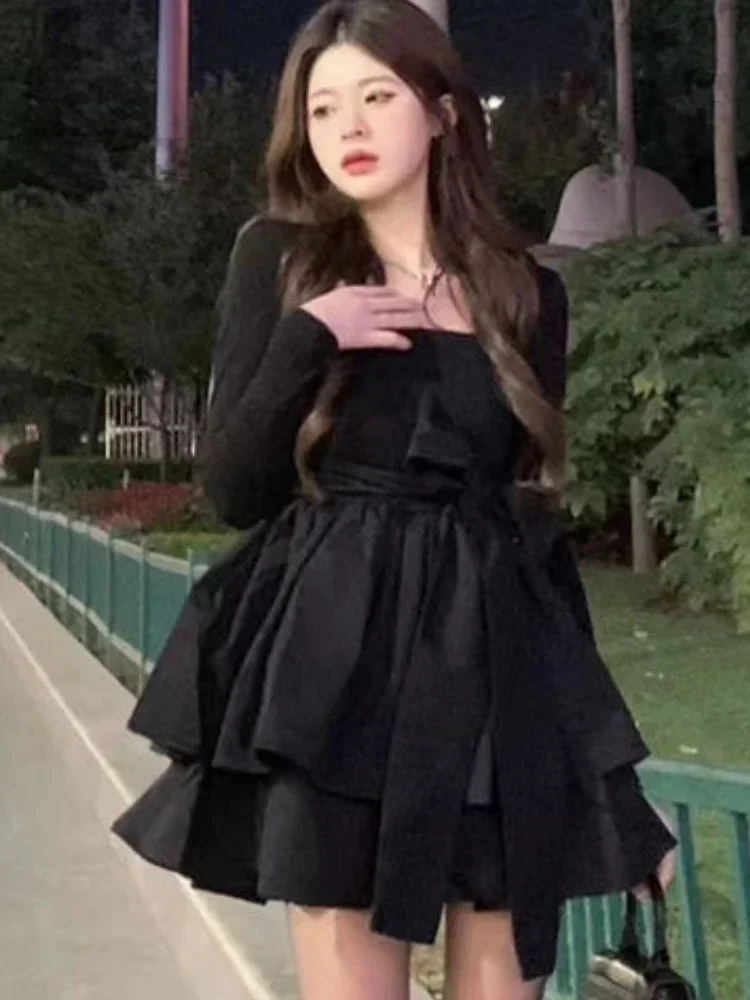 Mini vestidos femininos design em camadas hotsweet estilo coreano streetwear moda gola quadrada primavera elegante temperamento a linha ins feminino