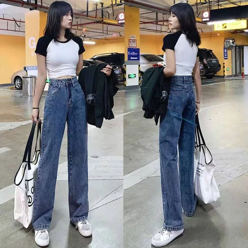

Loose Straight Leg Jeans Women's plus Size Slimming High Waist Versatile Concealing Wide Leg Pants Casual Fashion Blue Jeans