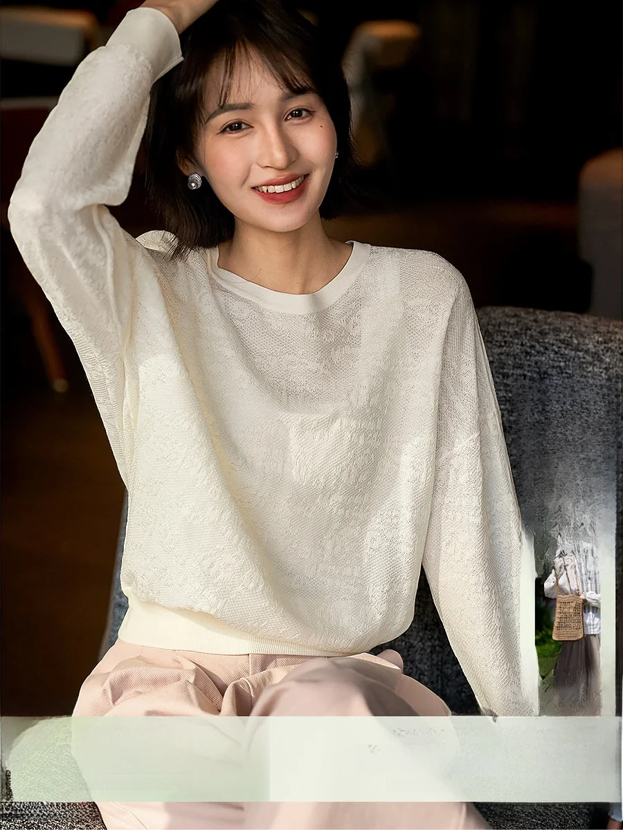 

Женский теплый вязаный топ Xiao Han Ge с вышивкой, из шелка, с длинным рукавом, круглым вырезом, для повседневной носки