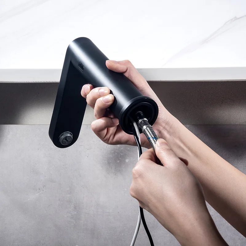 Black Faucet, Bathroom Sink Pull Down Mixer Tap, Hot and Cold Water, LED Display, Sensor Activated, 1 Handle Basin Faucet