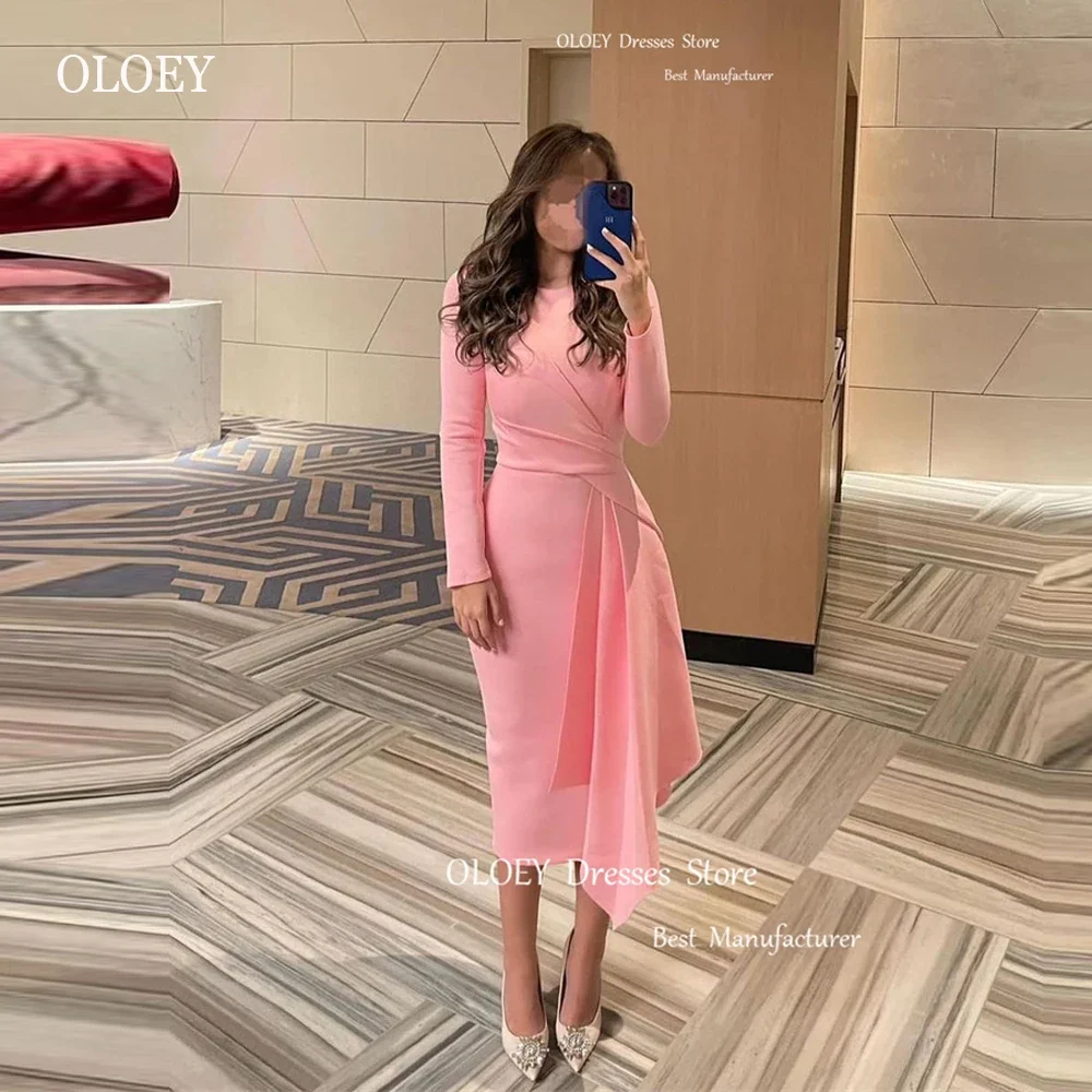 

OLOEY Vintage Simple Blush Pink Stretch Satin Formal Party Dresses Saudi Arabic Long Sleeves Tea Length Evening Formal Gowns