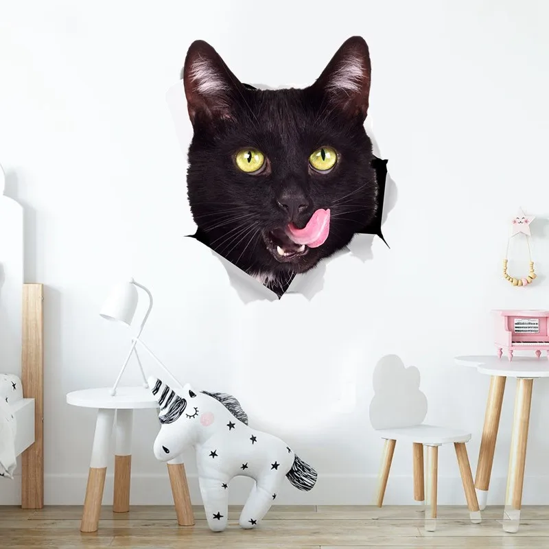 Tri koshki W1402 3D Black Cat in the Hole Wall Sticker Waterproof Decal PVC Home Decoration Kids Room Door Toile Bedroom