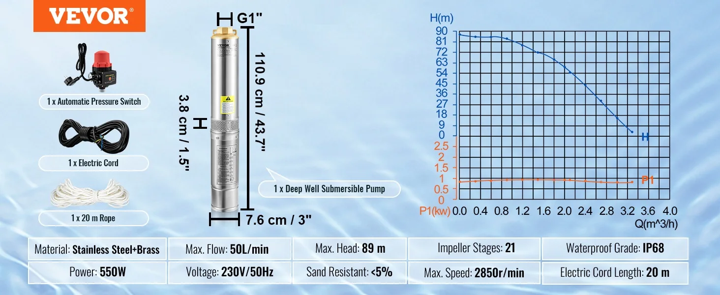 SucceBuy Diepe Goed Dompelpomp Rvs Waterpomp 370 W/550 W/750 W/1100 W Grote Debiet Hoge Hoofd Lift Waterpomp - afbeelding 1