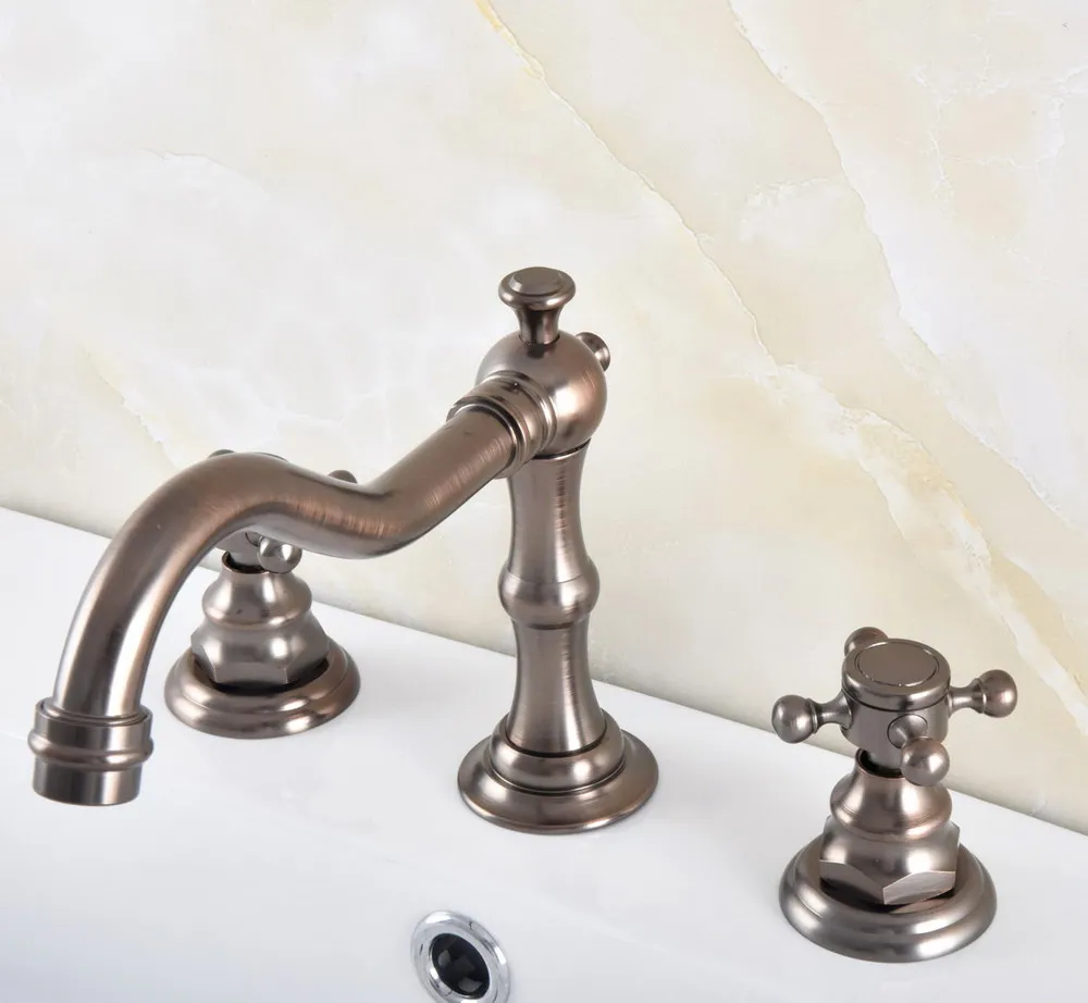 Brown Oil Rubbed Bronze Deck Mounted Dual Handles Widespread Bathroom 3 Holes Basin Faucet Mixer Water Taps mnf590