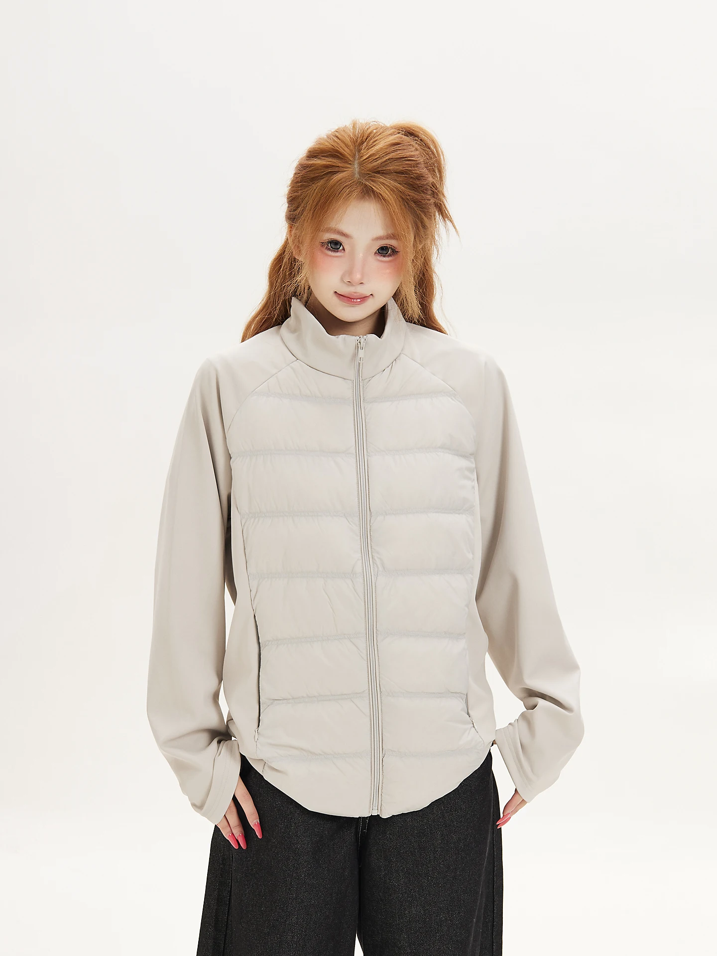Lightweight down Jacket Women's Commute Style Stand Collar White Duck Feather Warm Outerwear Ant Patterned Splicing Design