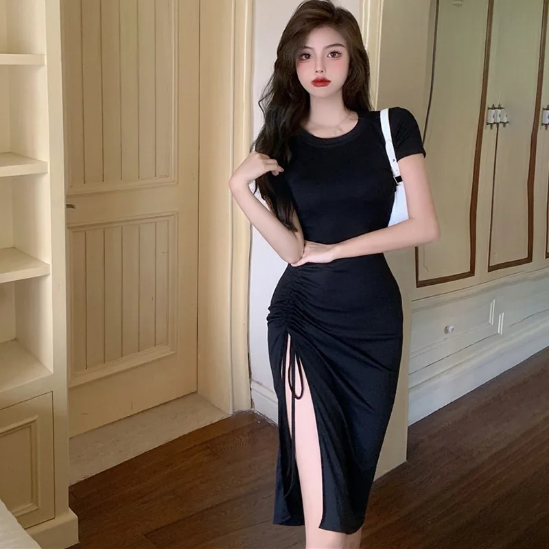 Hot Girl Black Small Drawstring Irregular Split Dress Female Summer Waist Slimming Bag Hip Slim Skirt