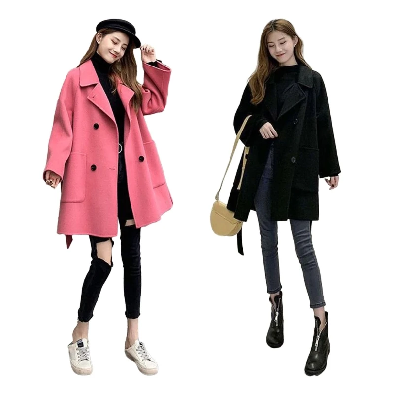 Versatile Women's Long Coat with Pockets Double Breasted Pea Coat Winter Overcoat Dropship