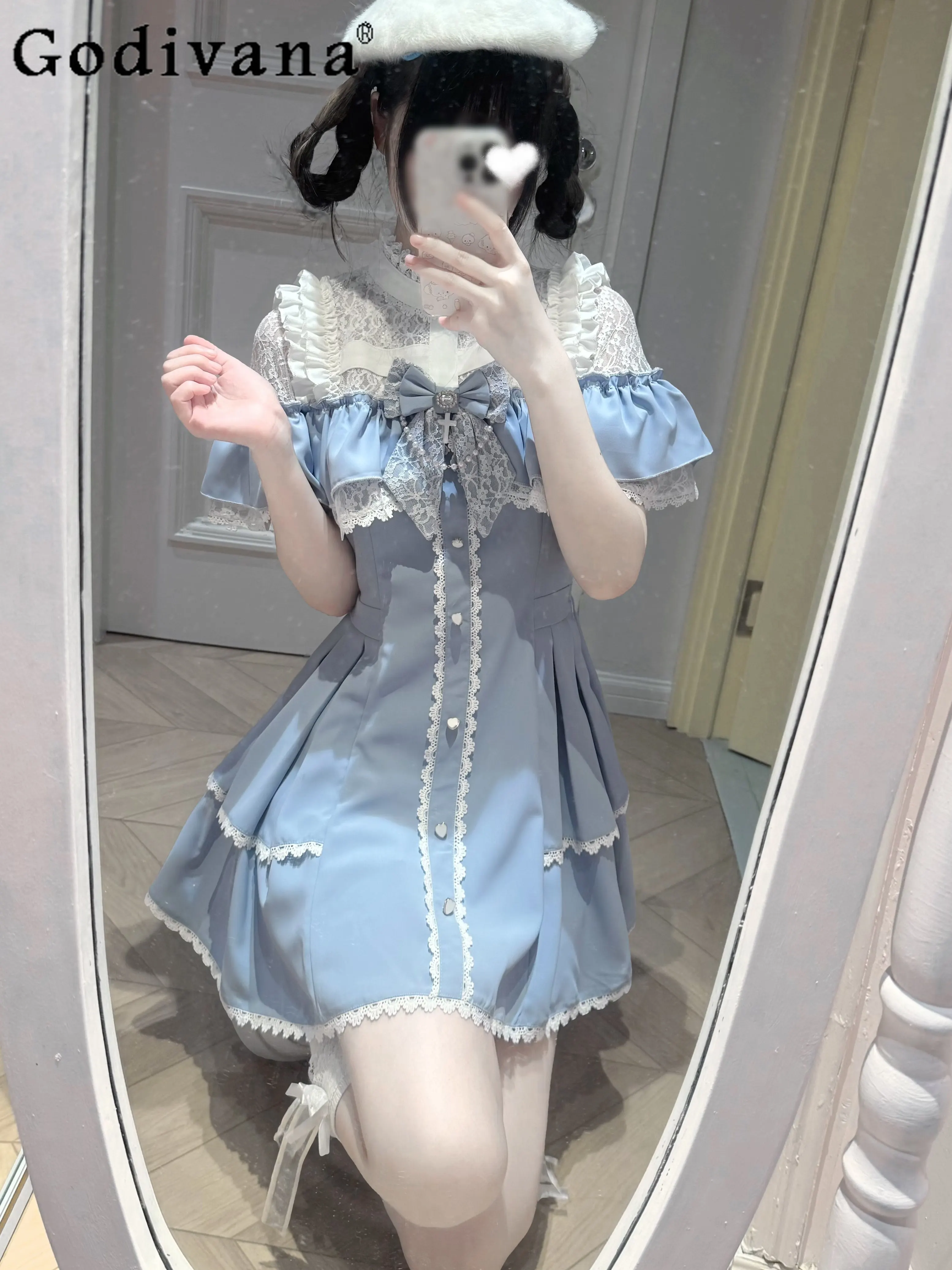

Subculture Mine Japanese Girls Bow Lace Dress Set Gothic Y2k Short-sleeved Top and Shorts 2-piece Set Lolita Women's Outifits