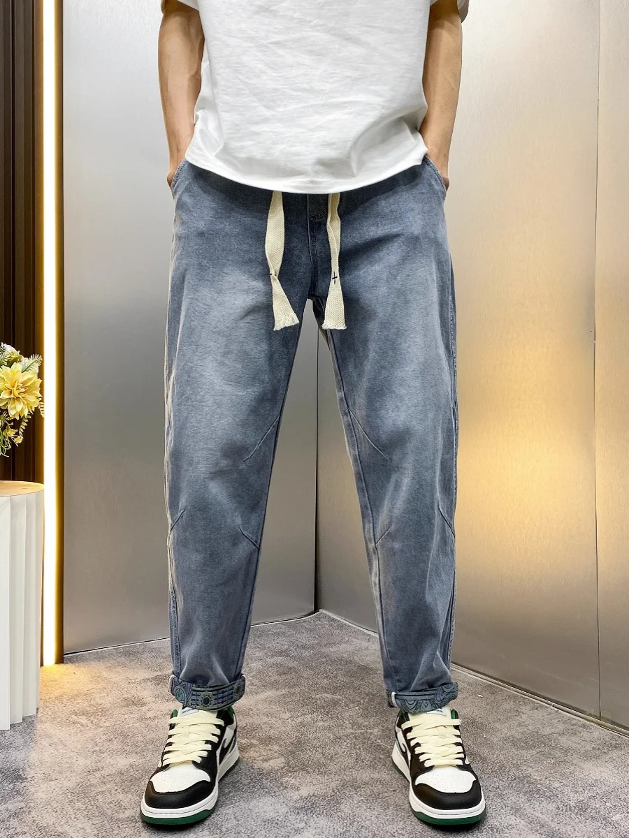 

Мужские модные джинсы-шаровары больших размеров (до 300 фунтов), осенние, повседневные, свободные, прямого кроя, универсальные, удобные, укороченные (до щиколотки)