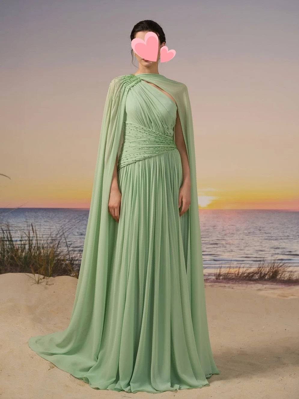 Oisslec Dress Elegant Vintage Sweet Green Beads Chiffon Ruffle Ribbon Customized Formal Occasion Prom Dress Evening Party Gowns