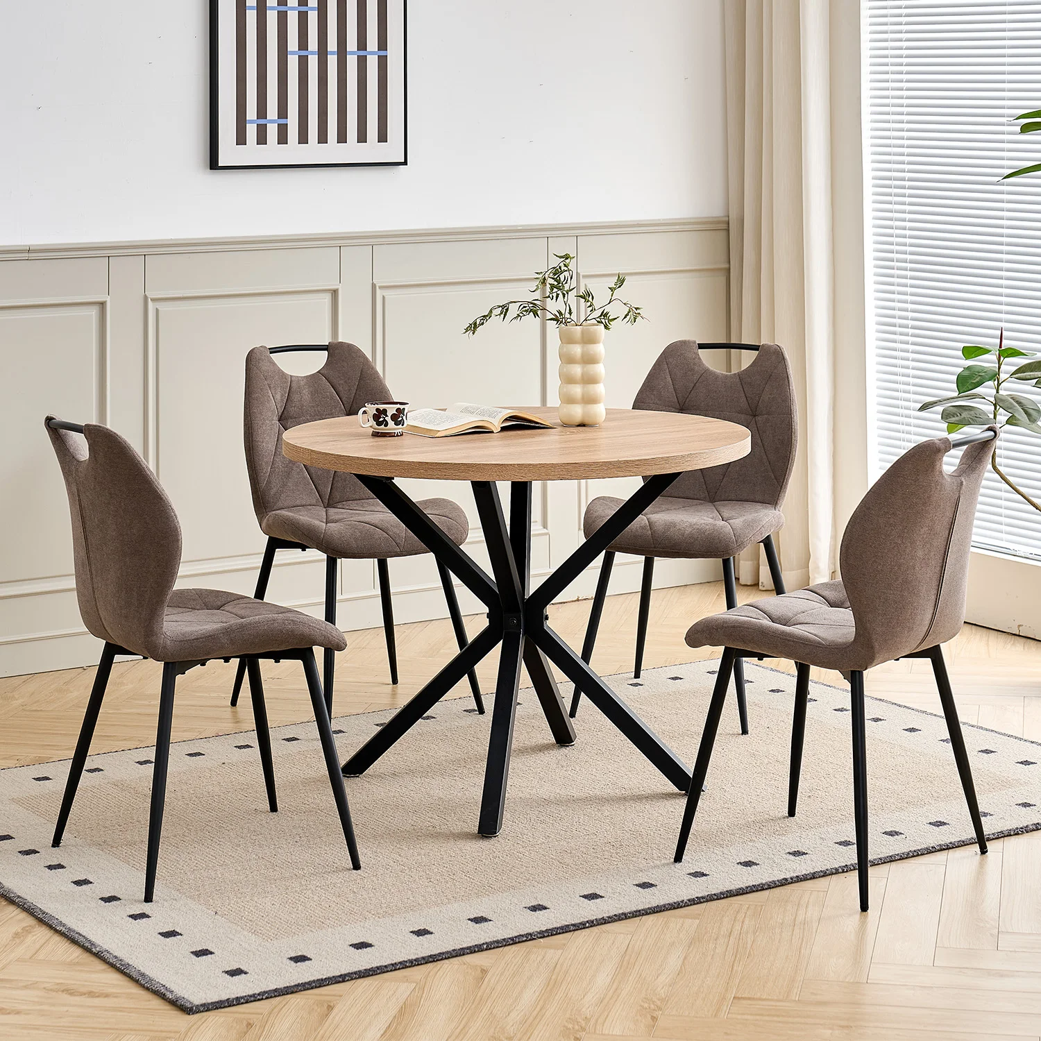Ein Set aus 4 modernen Esszimmerstühlen + rundem Esstisch, rundes Esstisch-Set mit gepolsterten Stühlen, für Familien- und Café-Nutzung. – Detail 9