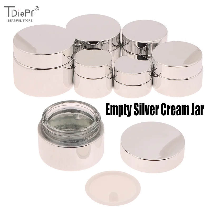 Tarro de vidrio para cosméticos, botella de vidrio para crema facial de 5-50g, tarro de crema plateada, contenedor de cosméticos, tarro vacío para pegamento de uñas, contenedor de maquillaje de viaje