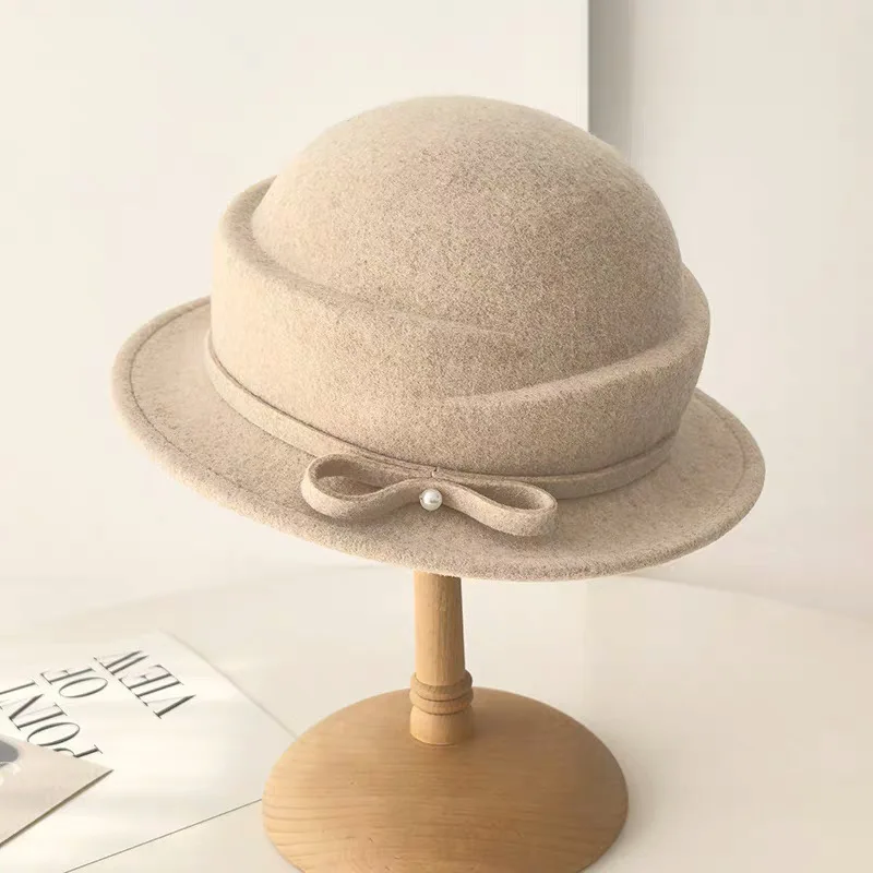 جديد 100% قبعة صوف جرس قبعة المرأة الفرنسية أنيقة الرجعية هيبورن الخريف والشتاء المشاهير اللؤلؤ الصوف ورأى قبعة بحافة #5