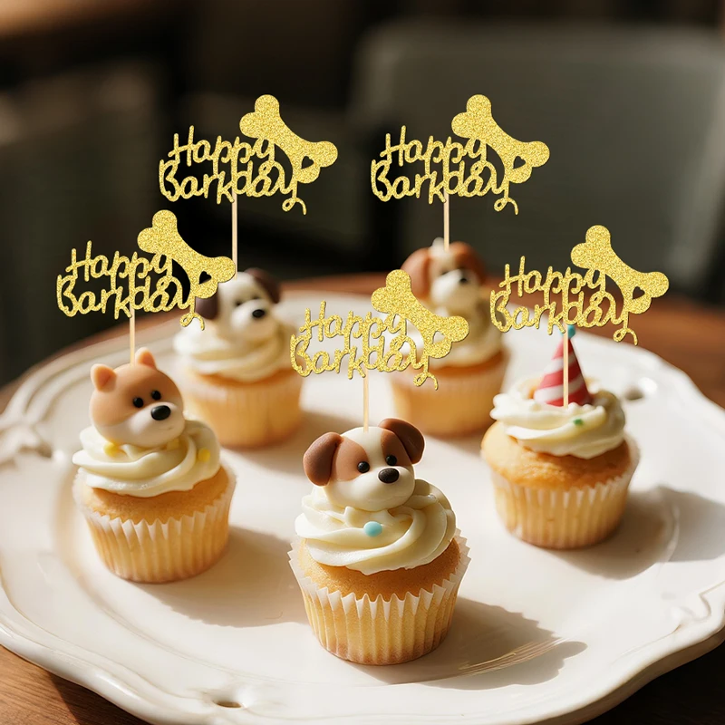 YOMDID 24 Stück glitzernde Cupcake-Topper mit glitzerndem Barkday-Hund, Hundeburtstagskuchen-Topper, Happy Barkday Bone Cupcake Picks Dekorationen