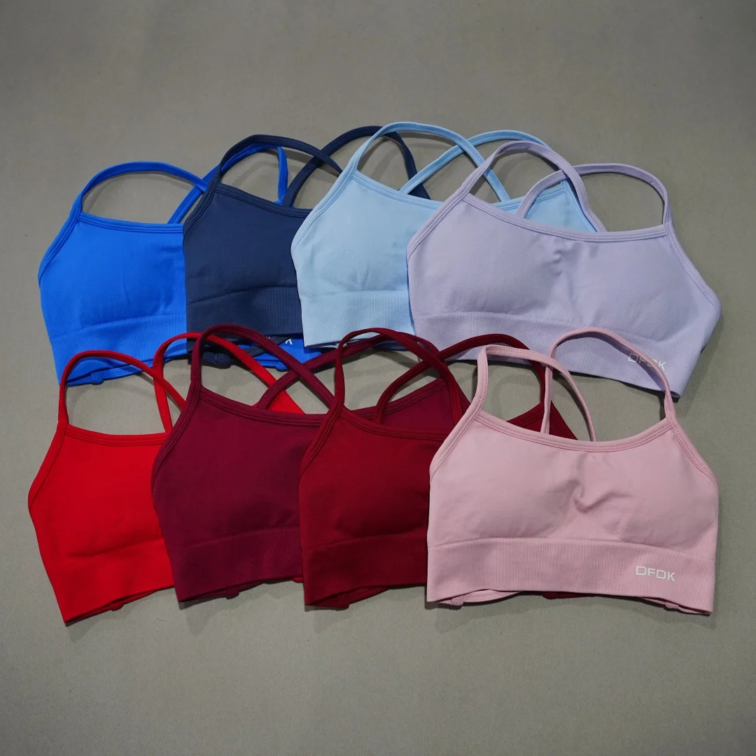 2026 Trend DFDK Beautiful Cross Back Yoga Bra Seamless Wirefree Shockproof Push Up Removable Padding Training Fitness Top