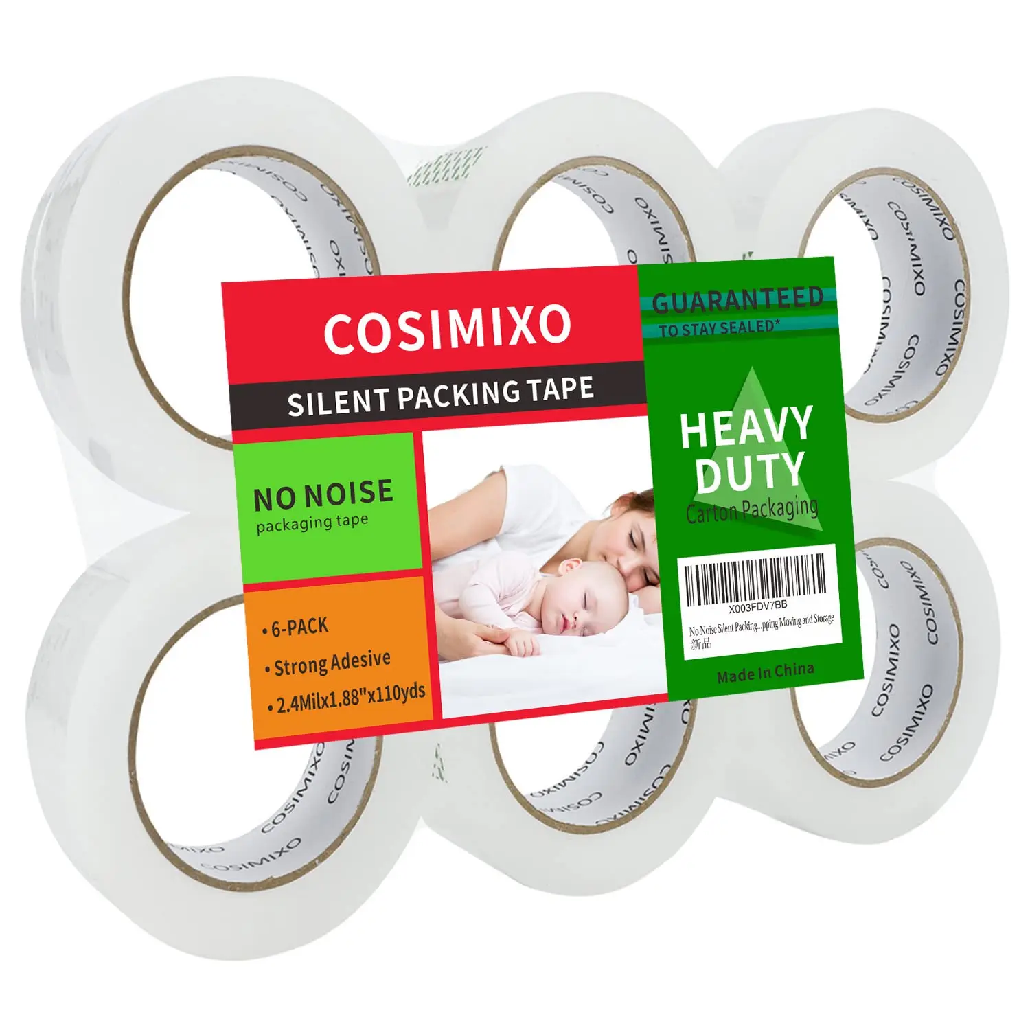 

6-Pack No Noise Silent Packing Tape 2.4mil x 1.88" x 110Yards,Industrial Heavy Duty Noiseless Packaging Tape for Quiet P
