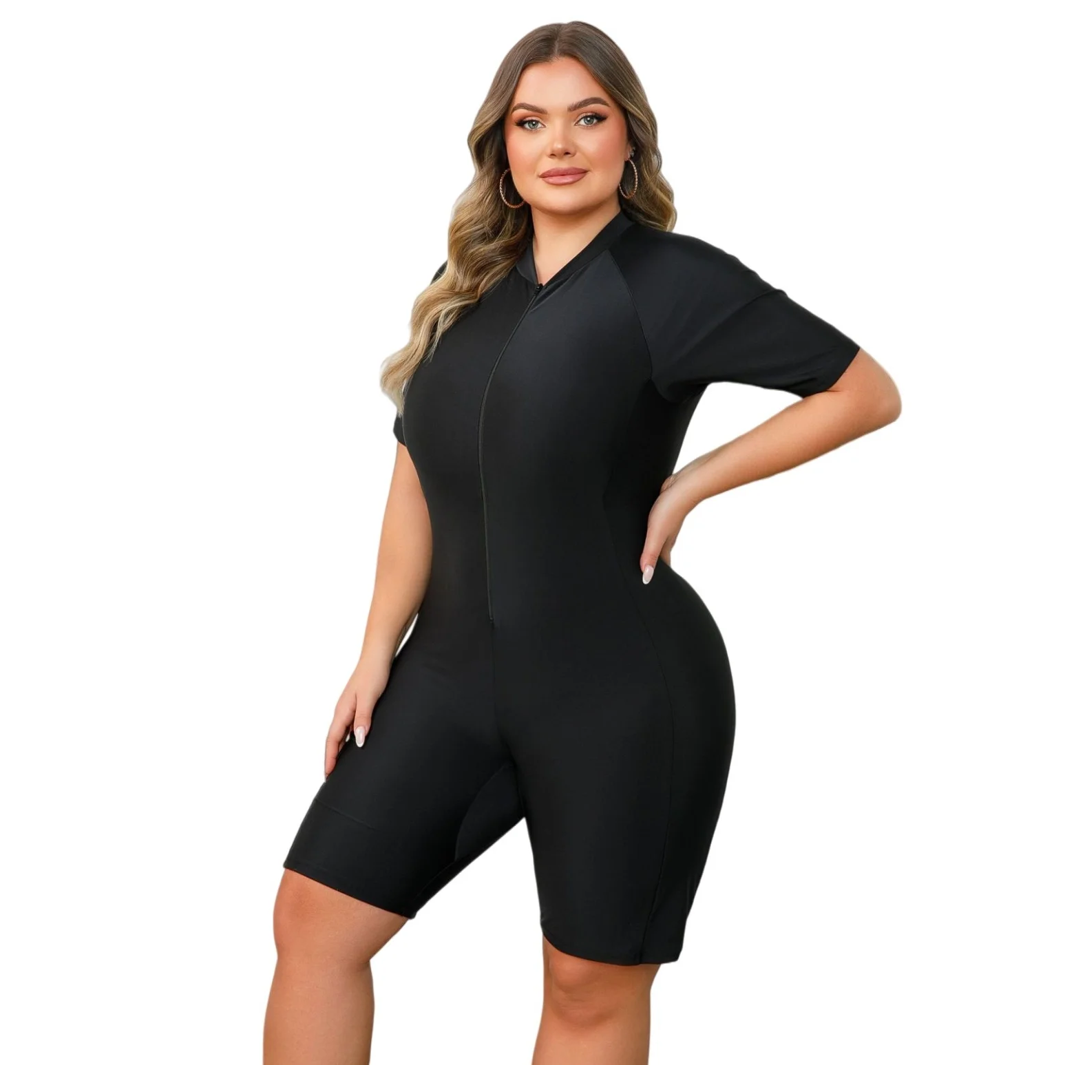 Women's Plus Size Rash Guard Swimsuit - Color Block Short Sleeve Zip-Up One Piece Swimwear Summer Beachwear