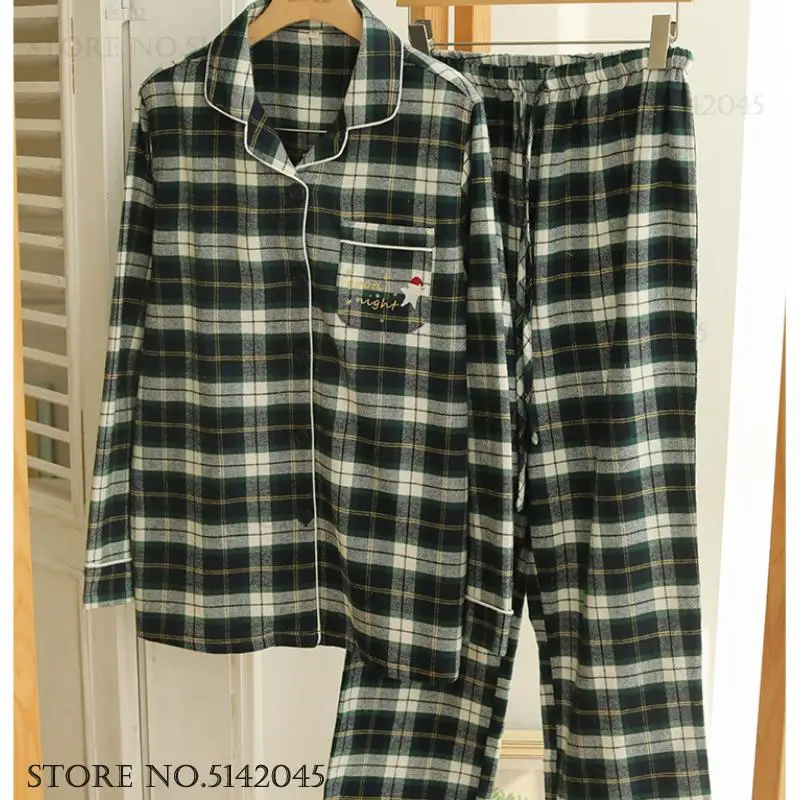 

Autumn Winter Pure Cotton Brushed Pajamas Set Couple's Sleepwear Home Clothes Green Plaid Long Sleeve Trouser Pijamas Suit