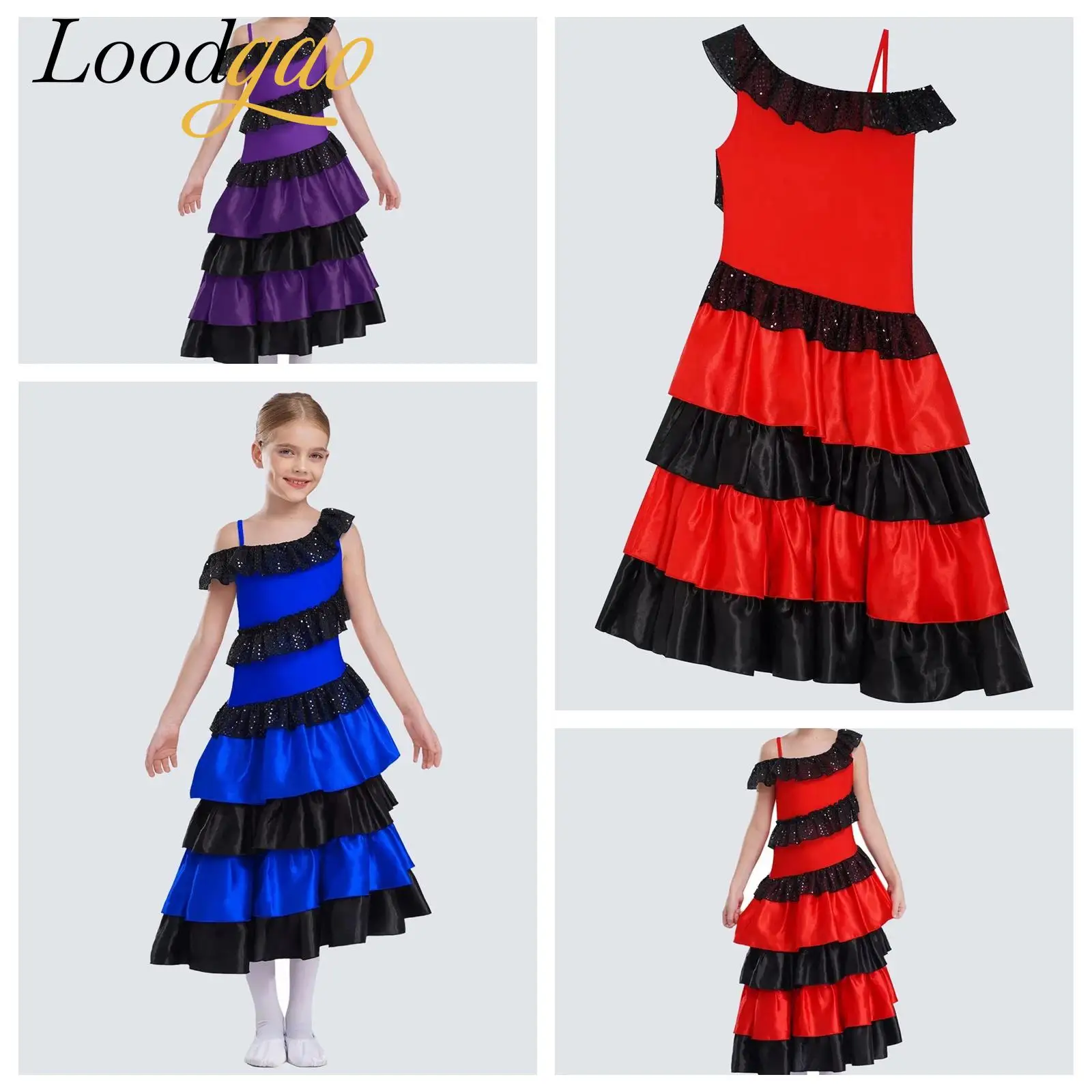 Vestido Flamenco Mädchen Spanisch Tanzkleid Tiered Rüschen Kostüm Dancewear Satin Spanien Stierkampf Performance Flamenco Kleid