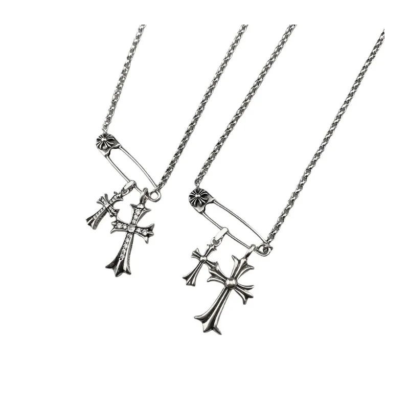 

Tide Brand Classic Cross Diamond-set Size Double Cross Pin Necklace Fashionable Men's and Women's Simple Pin Necklace