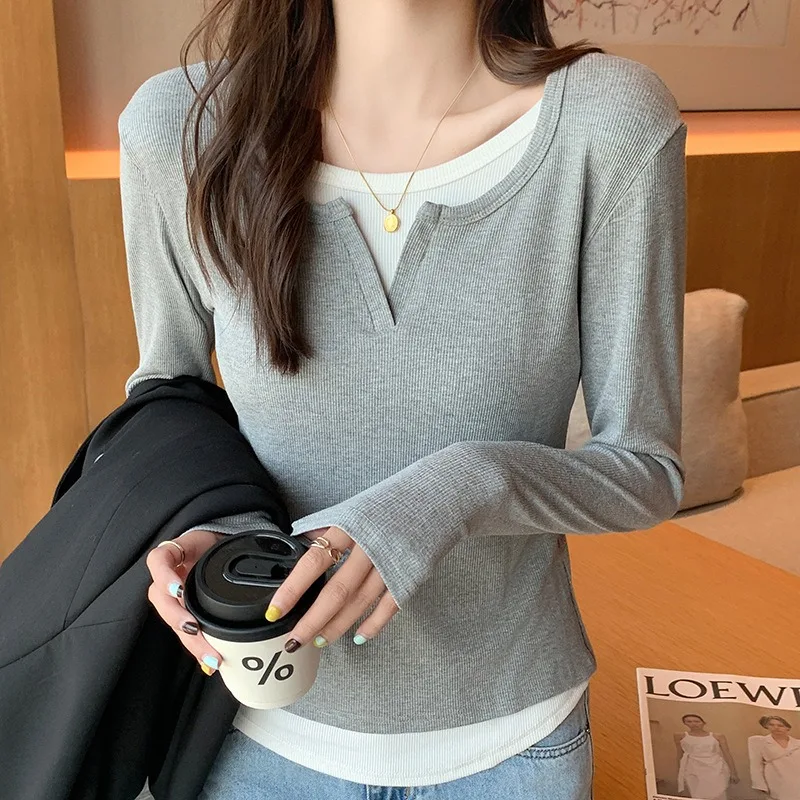 Faux Two Piece Women's Long Sleeve Tops Slim Fit Fall Layering Tee Chic Round Neck Basic Shirt