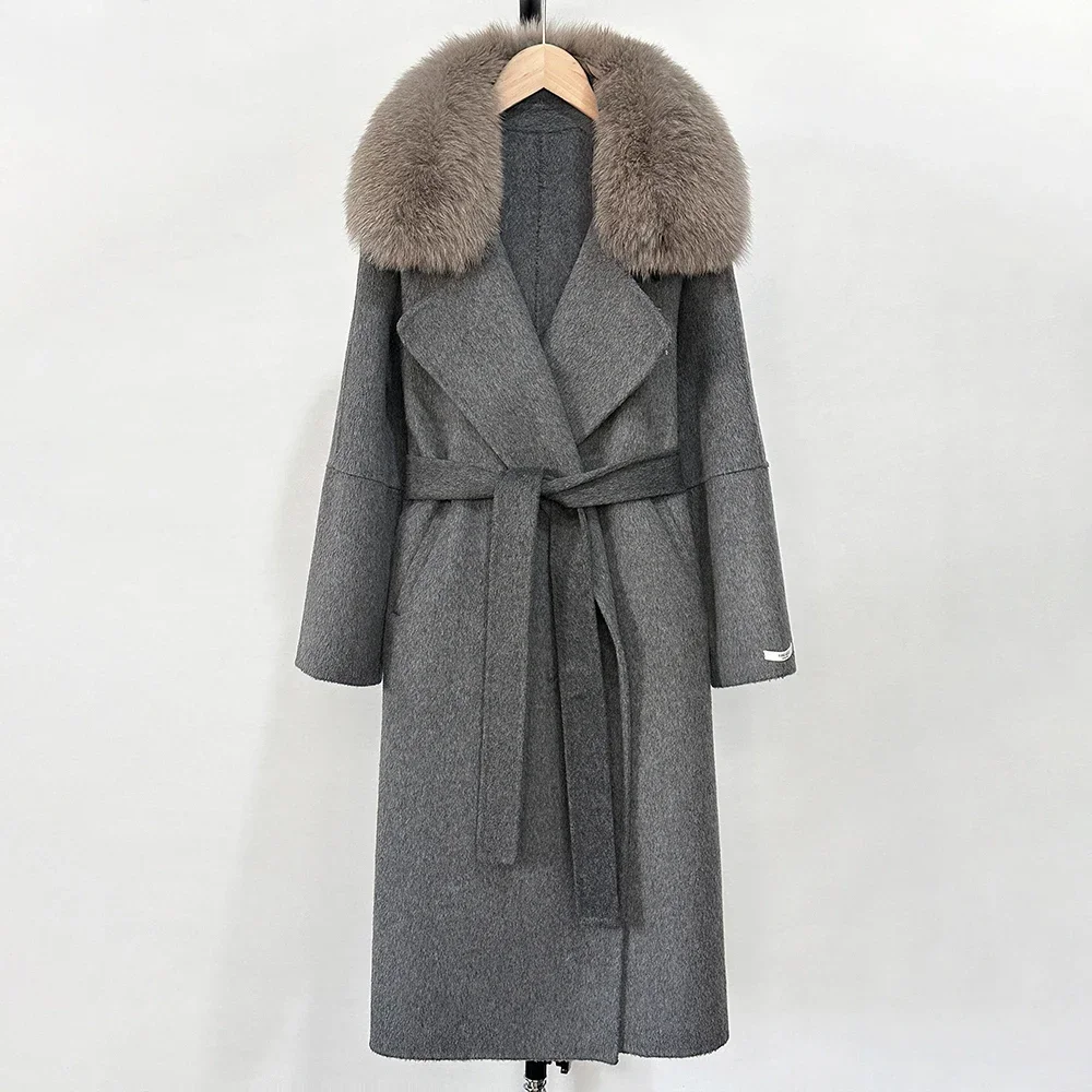 Chaqueta de piel de zorro cálida de lana elegante para mujer, abrigo de lana a la moda, abrigo largo de primavera con cuello de piel auténtica y grande para mujer, abrigo de piel de realidad