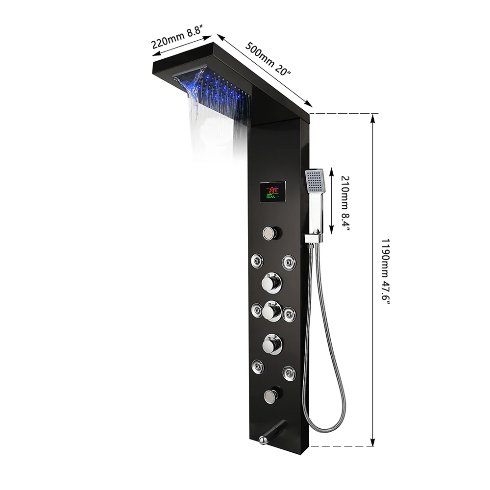 Monite Digital Display Bathroom Shower Column Rainfall And Waterfall Black Massage Spa Jets Bath LED Panel With Hand Shower Taps