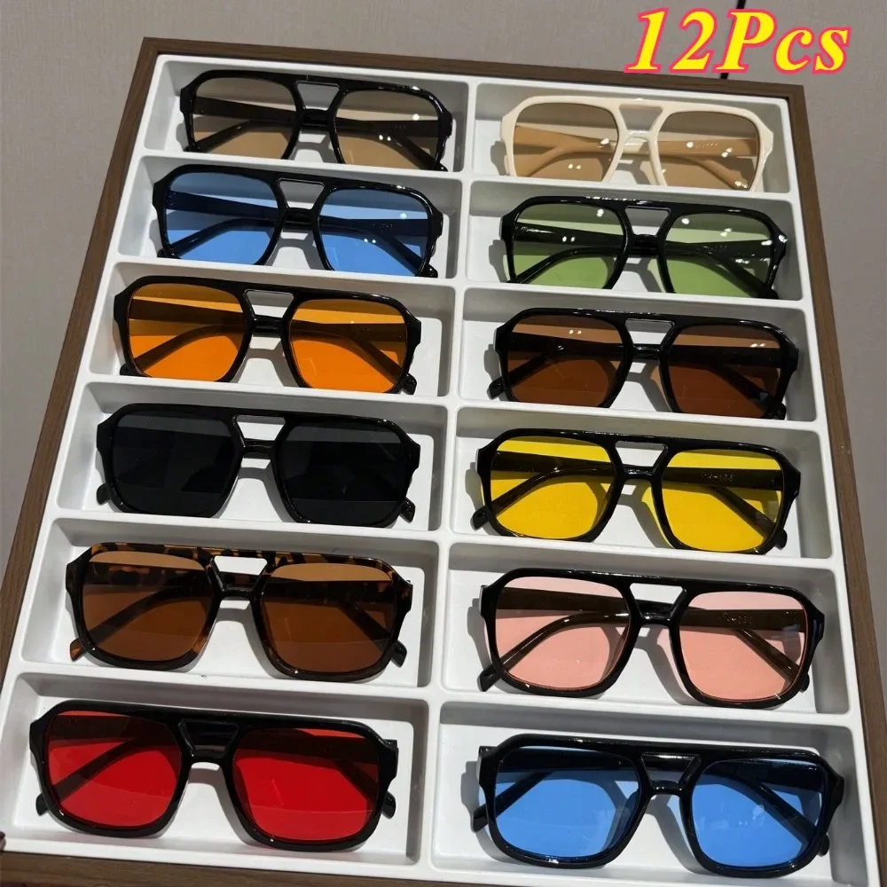 12 Pcs Vintage Square Pilot Sunglasses, Double Bridge Sun Glasses, Multi-Color Option