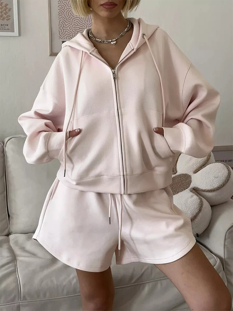 

Women Spring Autumn Casual Outfit Set Oversized Cotton Pink Top Shorts Two Piece Lounge Tracksuit Streetwear Comfort Hoodie Set