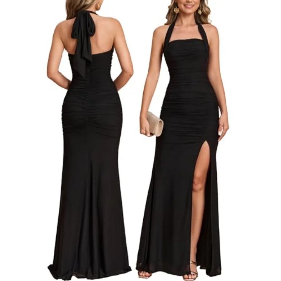 

Women Bodycon Maxi Dress High Slit Halter Tie Ruched Long Formal Cocktail Wedding Guest Dresses