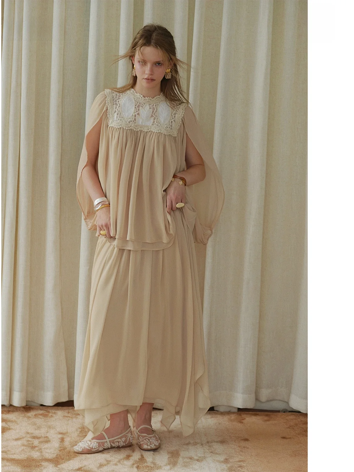 

AZHU Lightweight Romantic Embroidered Chiffon irt And Skirt Set with Flutter Sves And Layered Hemline for Women