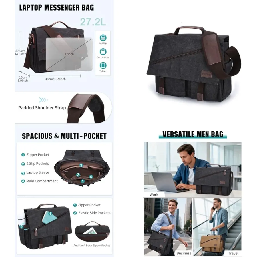 

Messenger Bag for Men, Water Resistant Canvas Satchel 14 15.6 17 Inch Laptop Briefcases Business Shoulder Bag by RAVUO