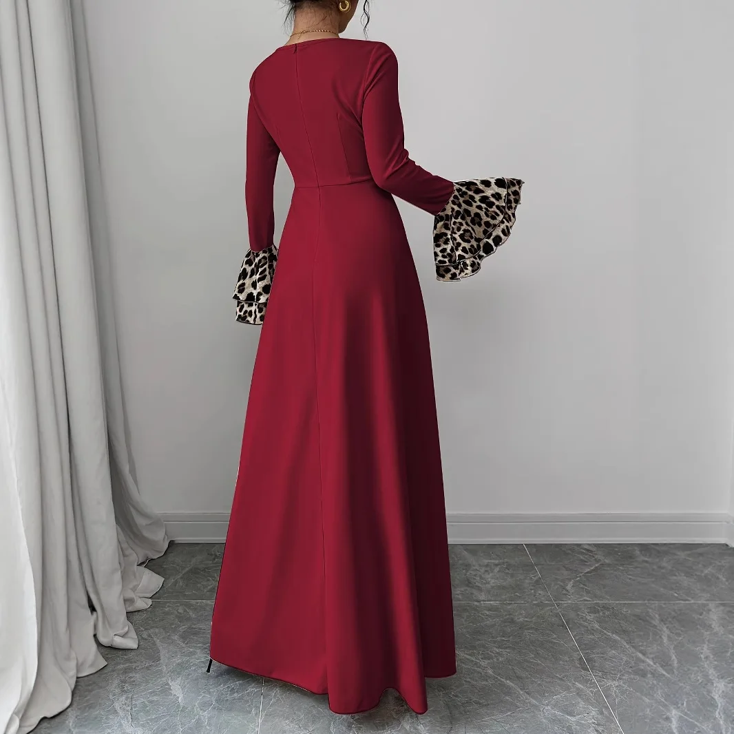 Women's New Style Flared Sleeve Leopard Print Color-block Long-sleeve Maxi Dress, Elegant Fitted Style European and American