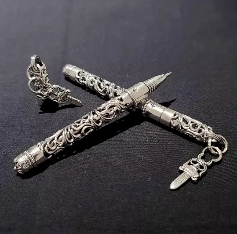 European Court Style 925 Silver, Hollow Cross Engraving, Metal Signature Pen, Ballpoint Pen, Gift.