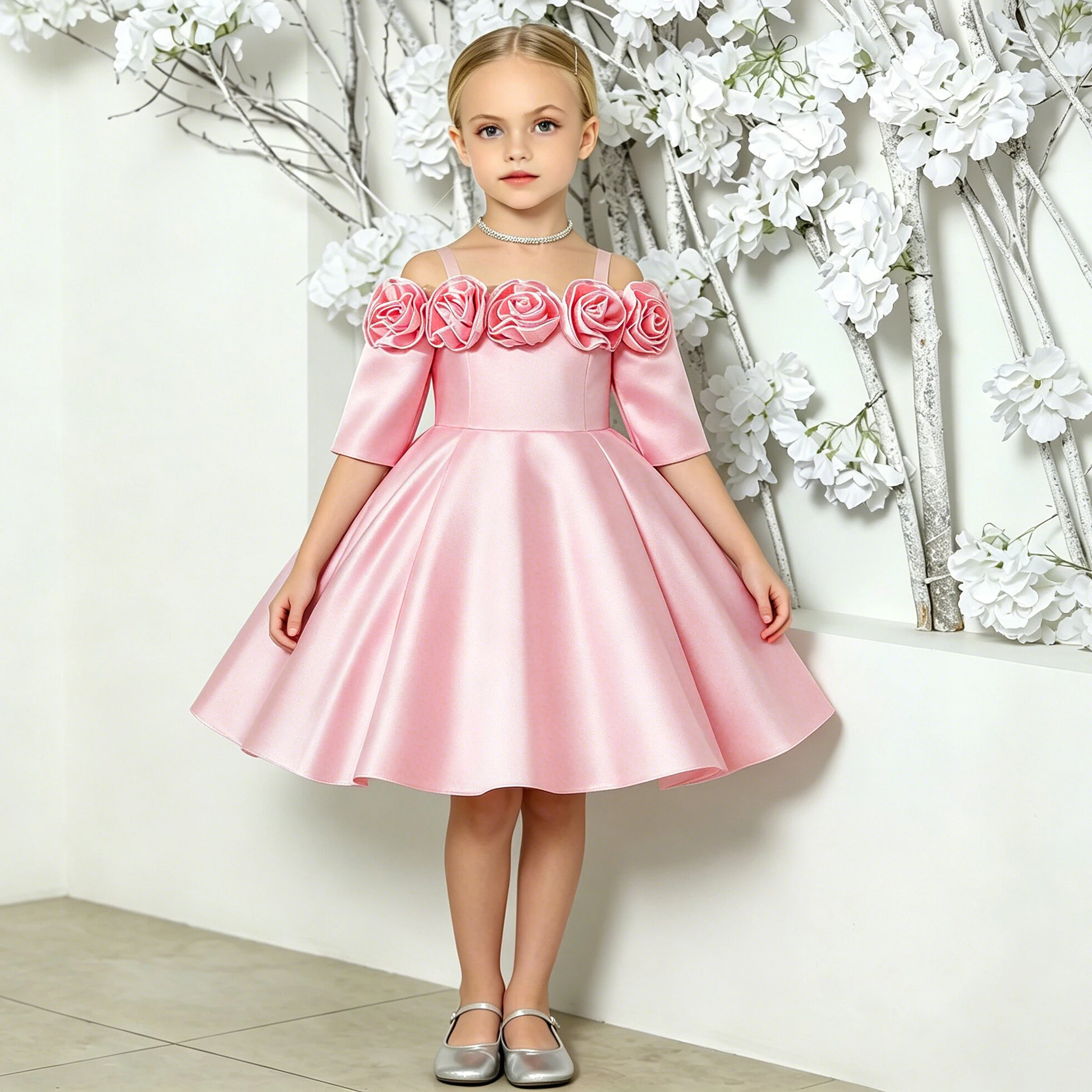 Sommerliches 3D-Blumen-Partykleid für Mädchen, Elegantes Hochzeits-Brautjungfernkleid, Prinzessinnen-Ballkleid mit Schleife für Geburtstag, Klavier- und Abendveranstaltungen