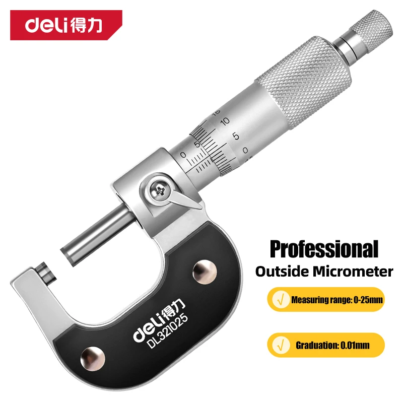 

Deli 0.01mm External Micrometer Set Outside Micrometer Micro Meter 0-25 mm Mechanical Micrometers Measuring Tools