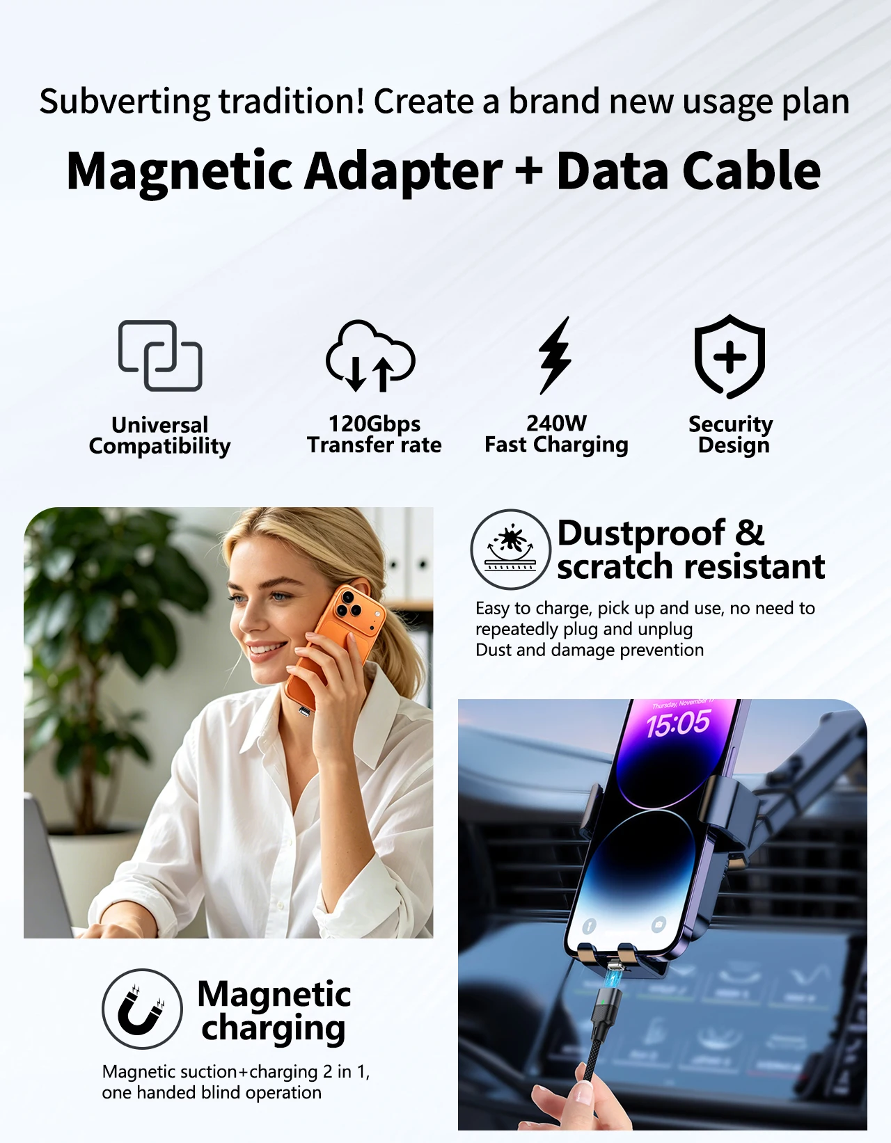 Boxiang Magnetic Plug 240W 48V5A Magnetic USB-C Cable PD3.1Fast Charge 120Gbps High Speed Data Sync Dual Use Type C Charger Wire