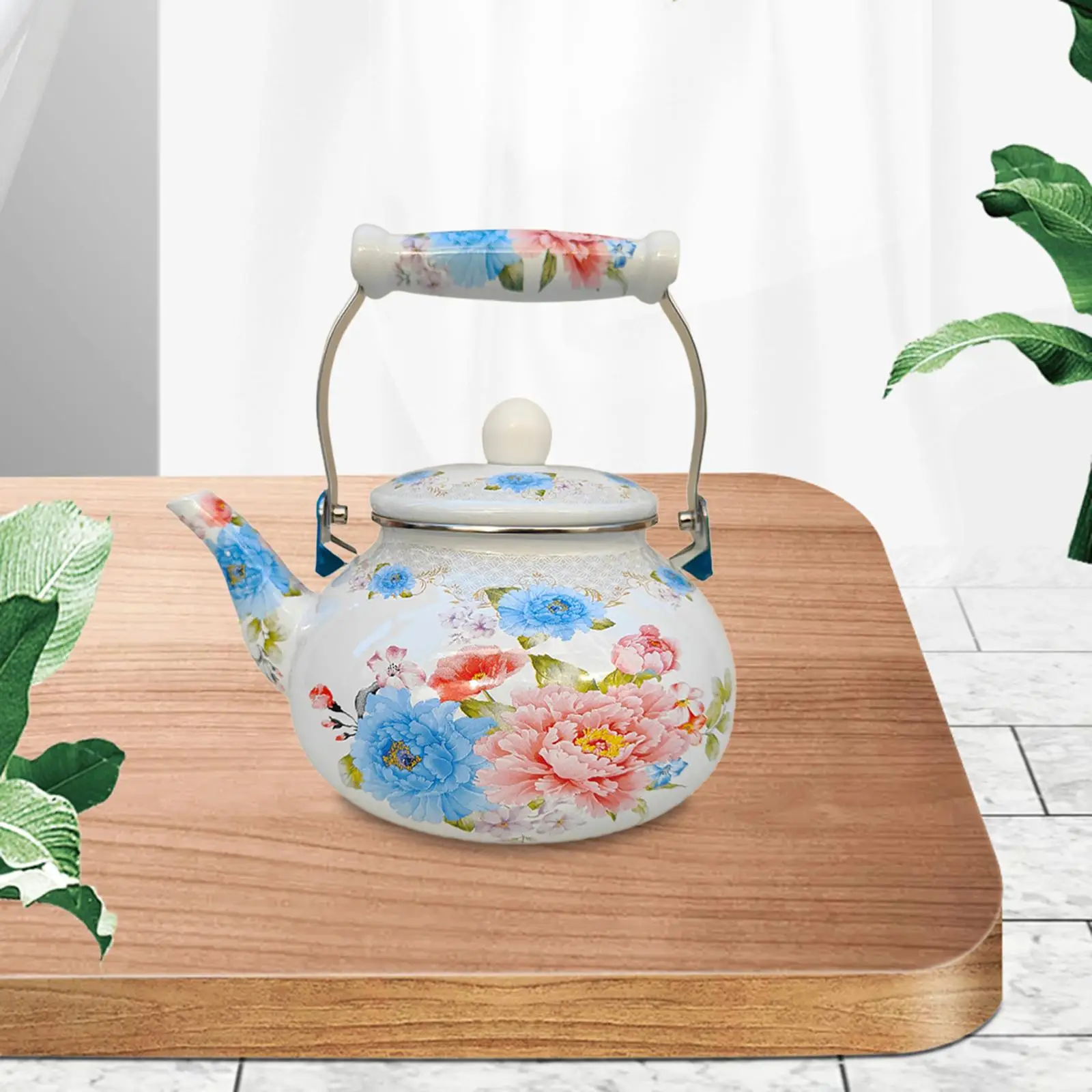 Water Kettle Housewarming Water Boiler Decorative Teapot Enamel Tea Kettle Floral for Kitchen Garden Stoves Pot Camping Campfire