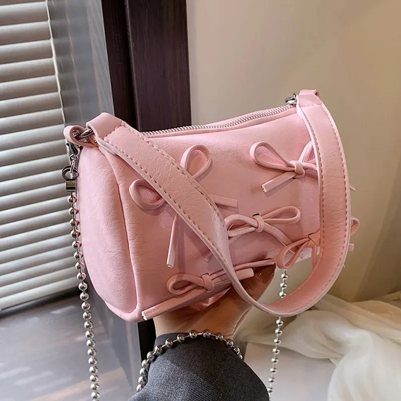 

Bow Pu Leather Shoulder Bags For Women 2024 New Spring Simple Fashion Handbags And Purses Small Silver Pink Bucket Crossbody Bag