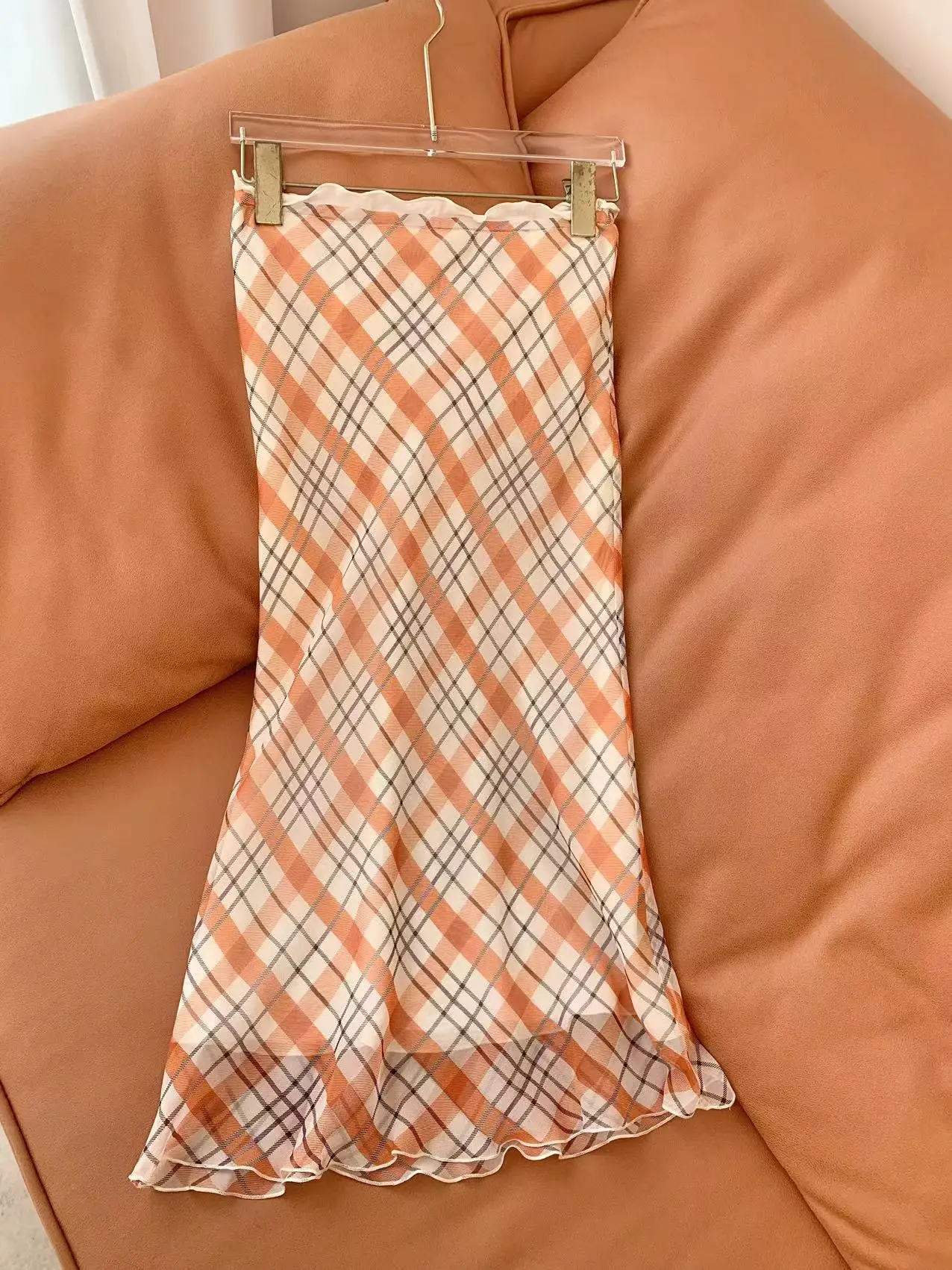 

Women Both Side 100% Silk High Waist Plaid Printed Long Skirt