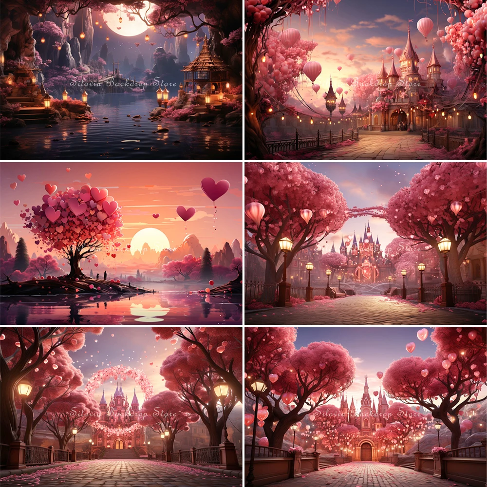 

Fantasy Castle Photo Background Valentine's Day Pink Balloon Forest Decorate Photography Backdrop Portrait Photo Studio Props