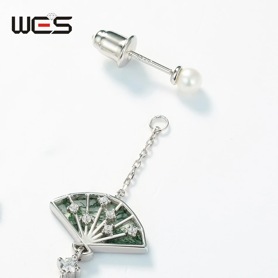 أقراط نسائية على شكل مروحة من الفضة الإسترلينية ، عقيق طحلب فريد من نوعه ، على الطراز الصيني ، مجوهرات راقية ، هدايا خطبة #2