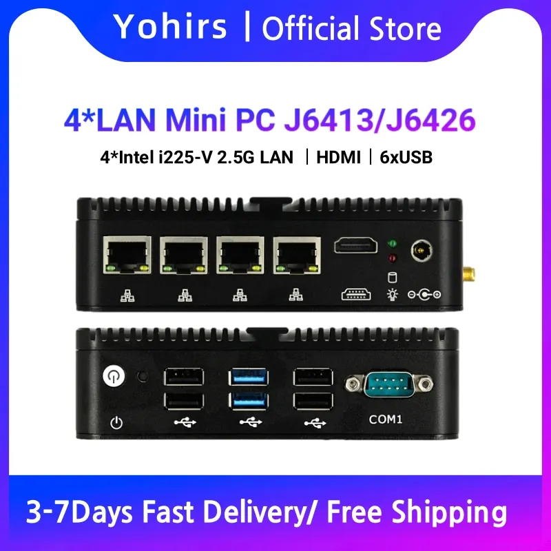 Yohirs Fanless Pfsense Mini Pc J4125 J6413/J6412 4 * Intel Rj45 Lans HD-MI Rs232 Com 6 * Usb Micro Soft Router Vpn