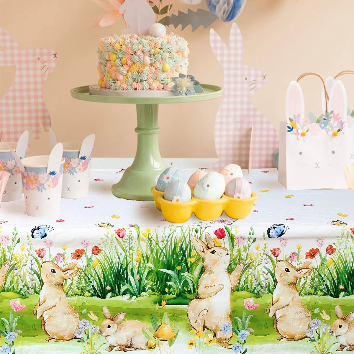 Mantel de conejito de Pascua, decoración feliz de Pascua para el hogar, 2024, huevos de conejo de Pascua, suministros de decoración para fiestas temáticas de primavera