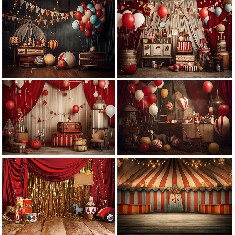 

Circus Backdrop Photography With Floor Kids Carnival Party Decorations Tent Balloons Indoor Room Banner Baby Portrait Background