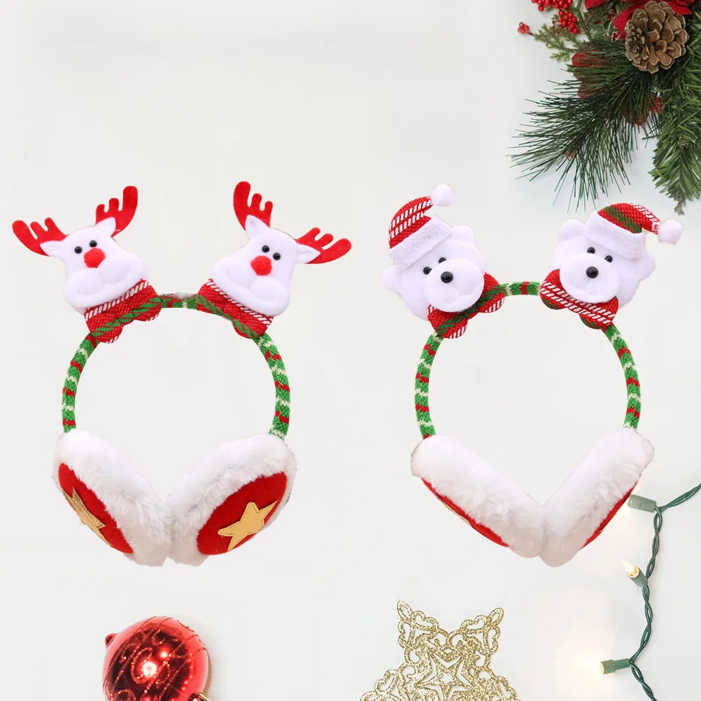 

2Pcs Christmas Headbands Earmuffs Creative Christmas Headdress Party Costume Cartoon Hair Earmuffs Elk Bear Patterns