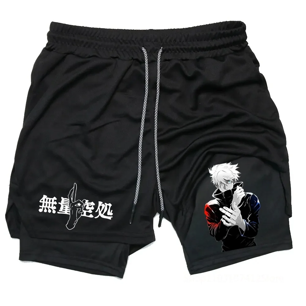 Men Anime Double Layer Shorts Gym Workout Printed Sports Multi-Performance Training Quick-Drying Jogging Pants Towel Pants M-3XL